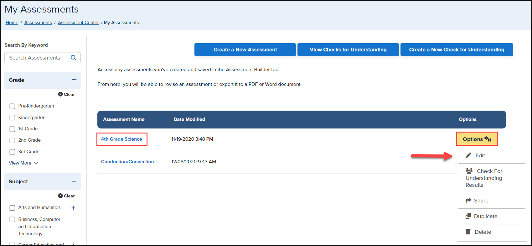 my assessments page with assessment title and options button highlighted