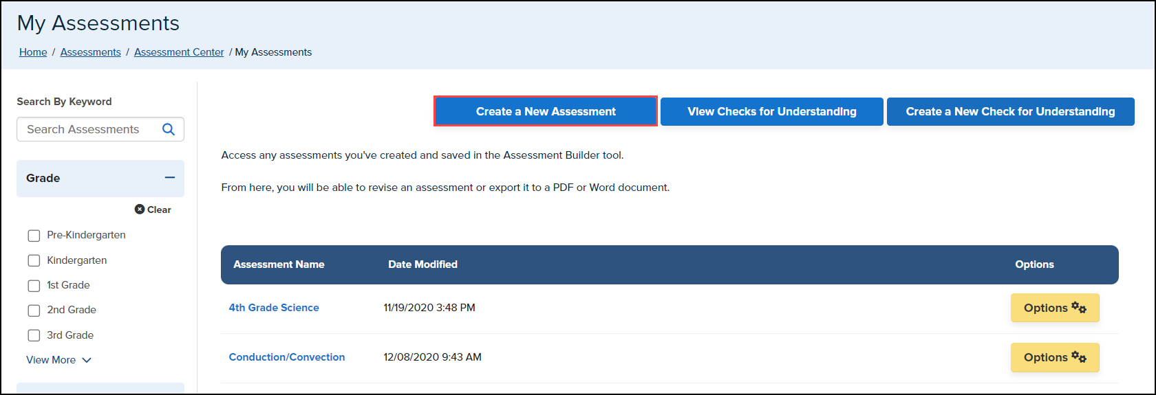 my assessments page with create a new assessment button highlighted