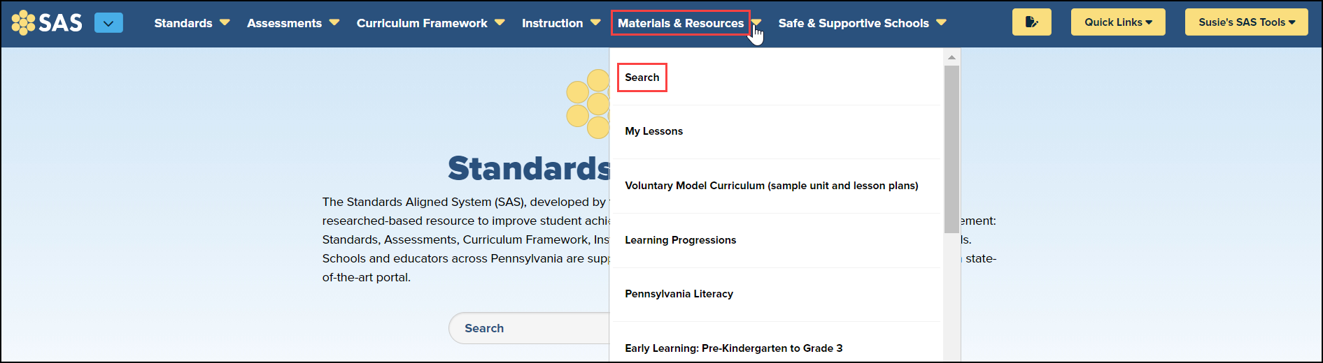sas site header with materials and resources highlighted and dropdown menu expanded with search highlighted