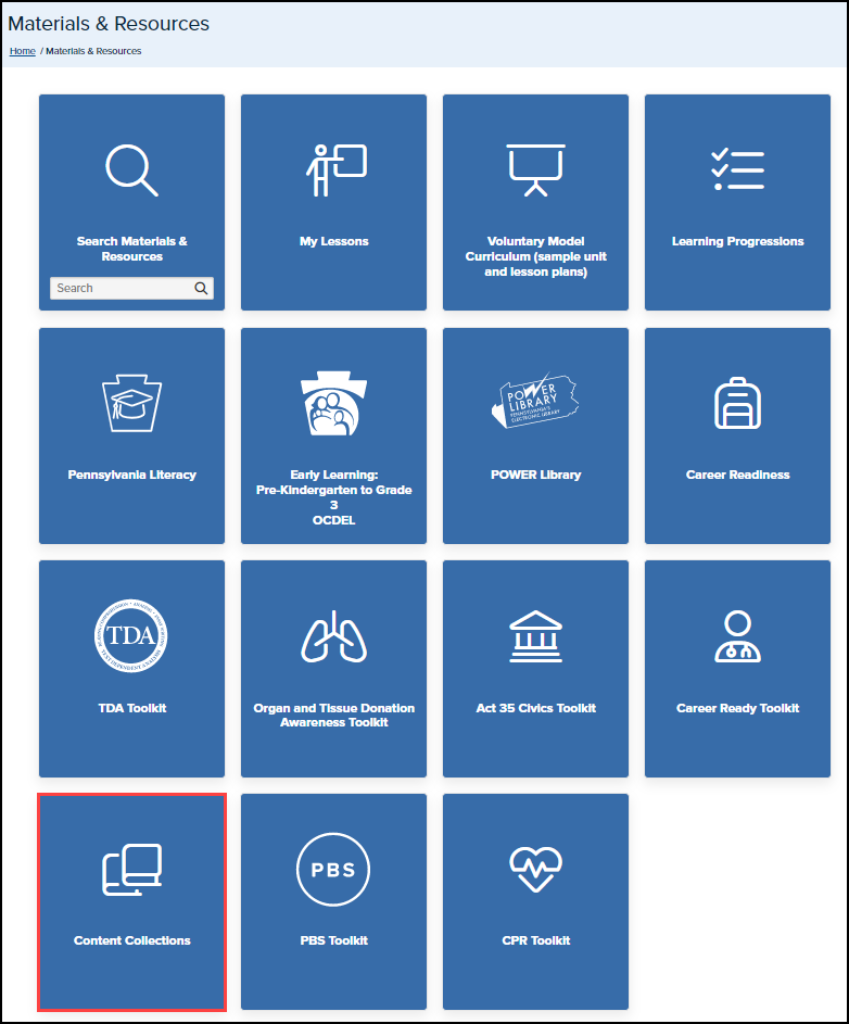materials and resources menu with content collections button highlighted