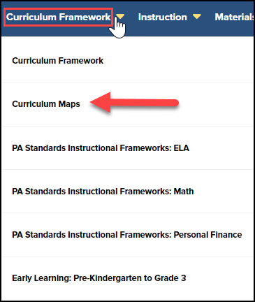 curriculum framework menu drop down options list with curriculum maps option highlighted