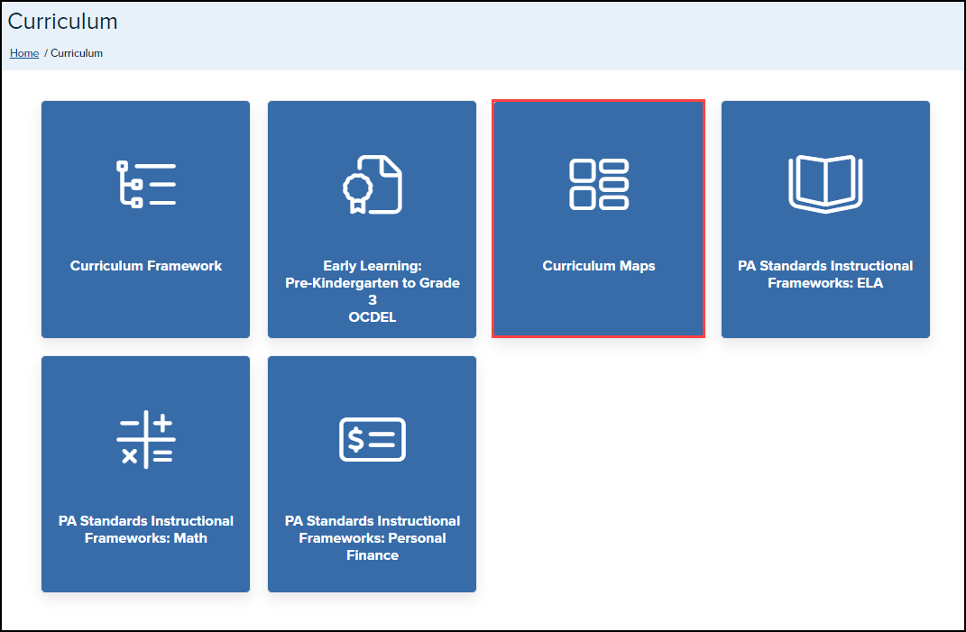 curriculum menu with curriculum maps button highlighted
