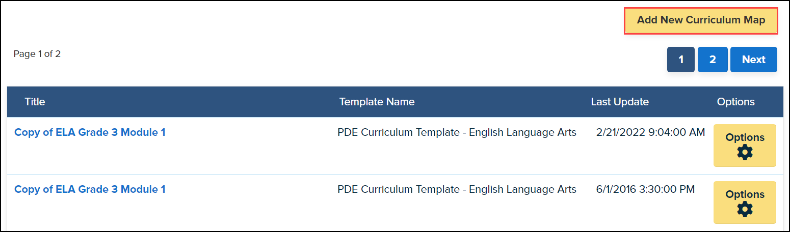 district curriculum map screen with add a curriculum map button highlighted