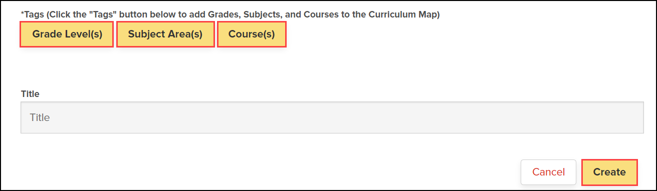 add new curriculum map screen with  grade levels, subject areas, and courses buttons highlighted and create button highlighted