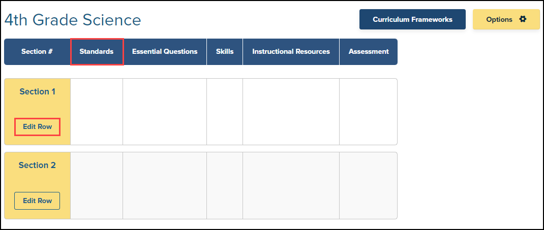 curriculum map with standards column header and edit row button highlighted