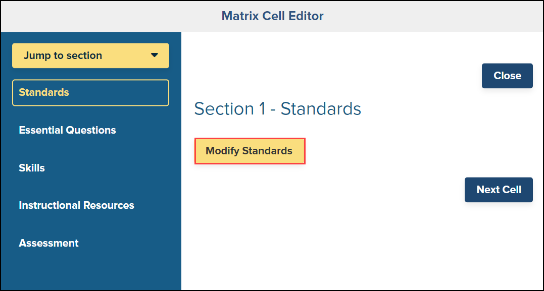 matrix cell editor screen with modify standards button highlighted