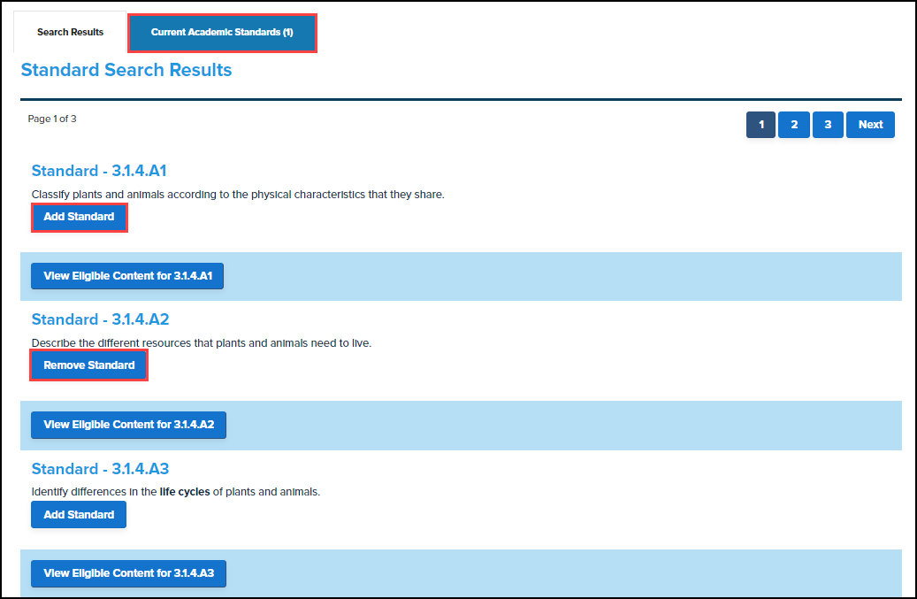 standard search results screen with add standard and remove standard buttons and current academic standards tab highlighted
