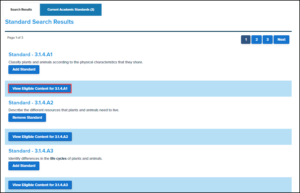 standard search results screen with view eligible content button highlighted