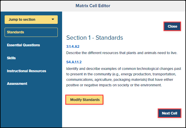 matrix cell editor screen with modify standards, next cell, and close buttons highlighted