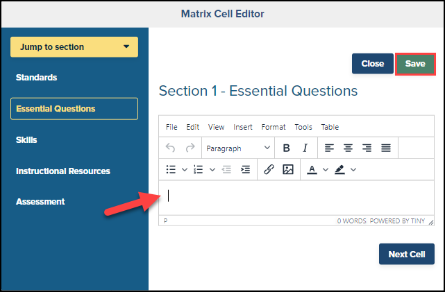 essential questions section of matrix cell editor with an arrow pointing to the text editor and save button highlighted