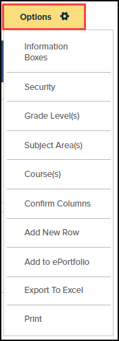 options button highlighted and menu expanded