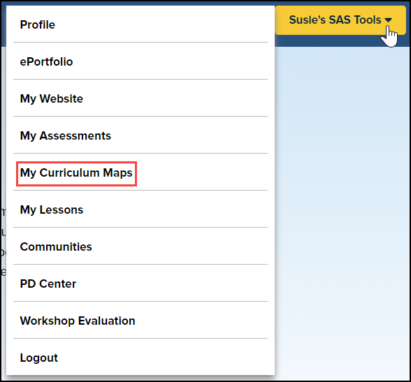 SAS tools menu with my curriculum maps option highlighted